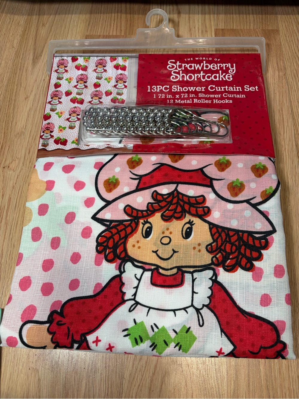 Strawberry Shortcake Dots Shower Curtain & Silver Metal Roller Hooks 13pc New